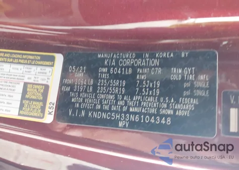 2022 Kia Carnival Mpv Ex z USA, uszkodzony, nr VIN KNDNC5H33N6104348